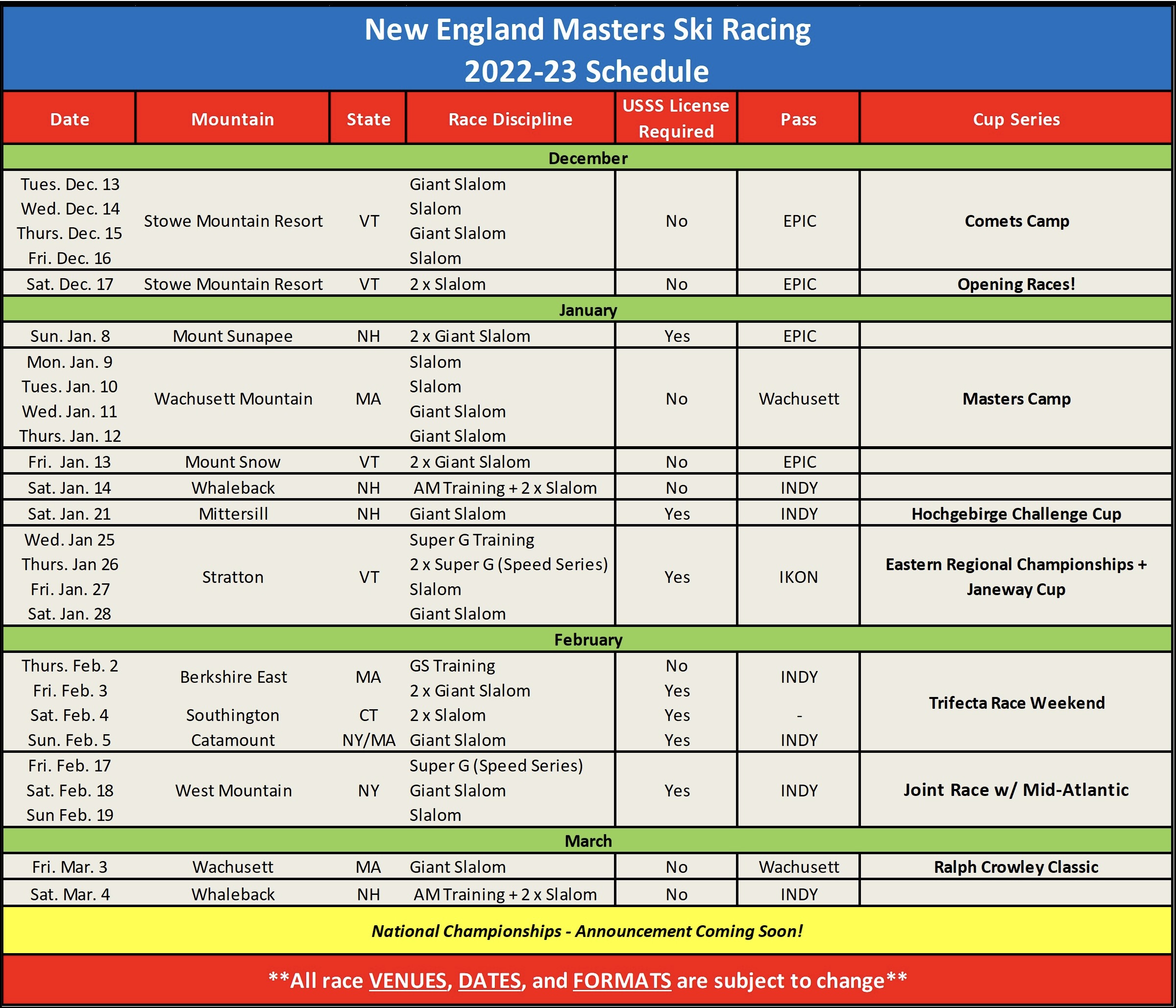 NEMS Race Schedule - 2023